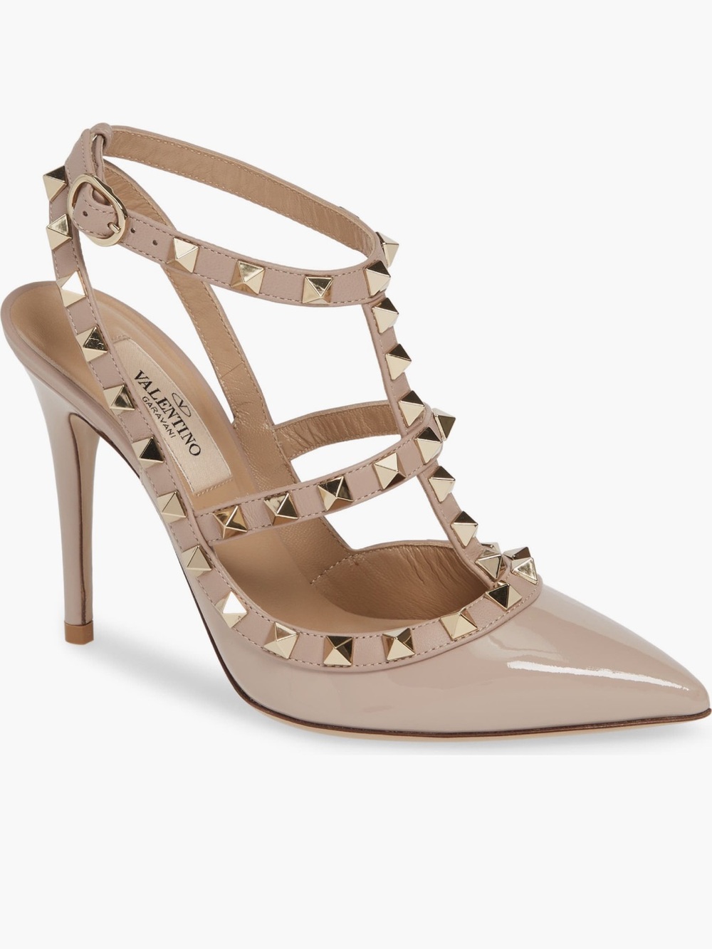 Valentino Garavani Nude Patent Leather Rockstud T-Strap Pumps